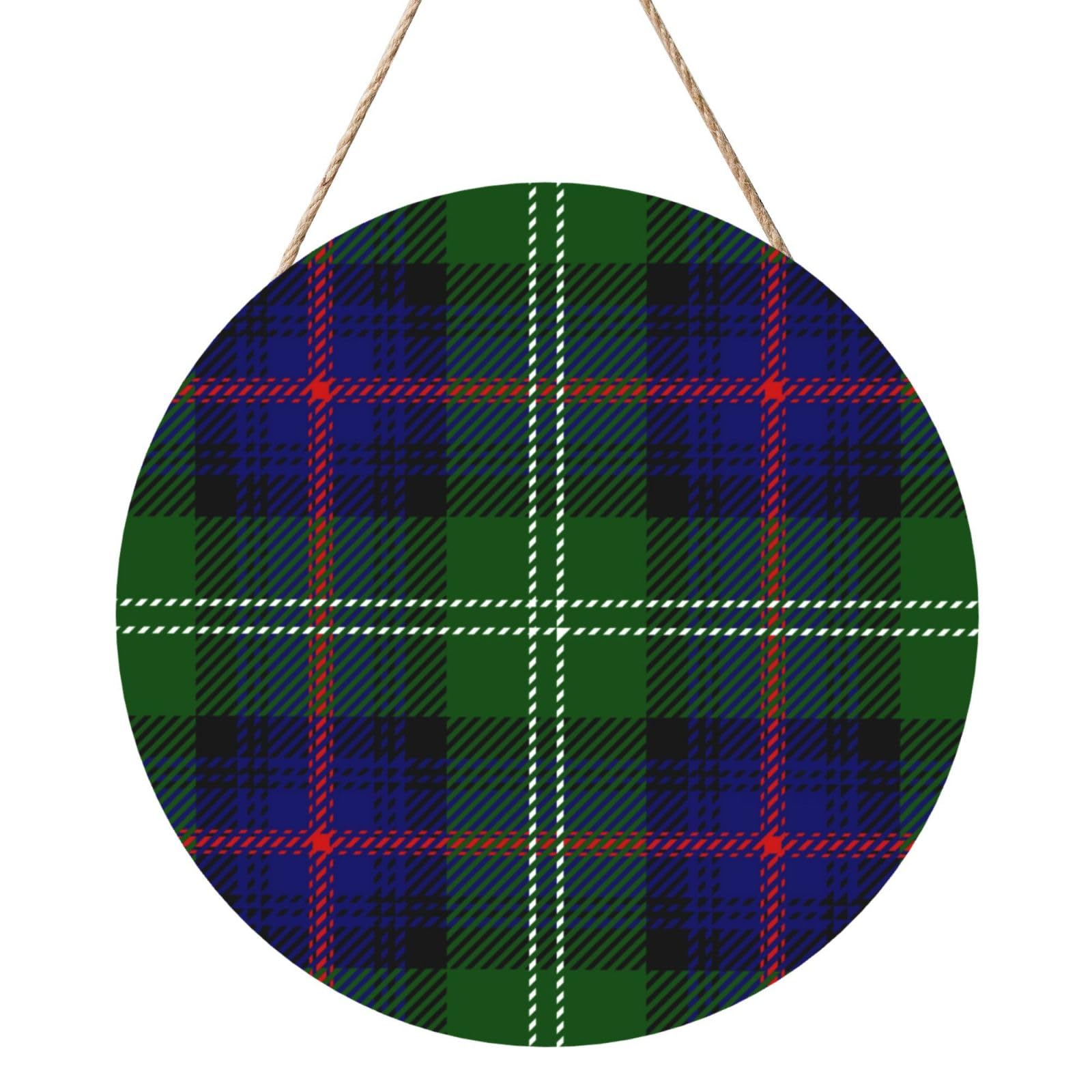 InOmak Clan Sutherland Scottish Tartan Plaid, Round Wood Panel Painting 12 in, Wall Hanging Painting For Home