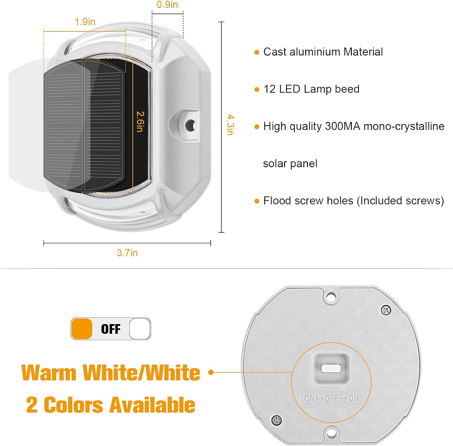 VOLISUN Solar Driveway Lights Dock Deck Lights 4-Pack,2 Colors in 1,LED Solar Powered Waterproof Outdoor Warning Step Light for Driveway Sidewalk Pathway (White/Warm White),Auto On/Off