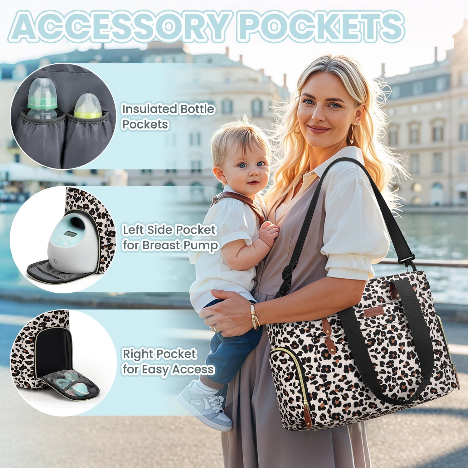 Diaper Bag Tote for Working Mom, Large Travel Diaper Tote for Mom and Dad with 14 Inch Laptop Sleeve, Mommy Maternity Travel Baby Bag for Boys and Girls, Leopard - Image 6