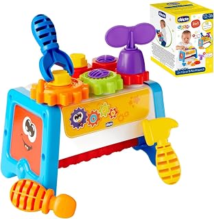 Chicco Caja de Herramientas 2 en 1, Banco de Trabajo para Niños con Herramientas de Juguete, Juego Stem con 15 Piezas Incluyendo Martillo, Destornillador y Llave Inglesa - Juegos Educativos 1-3 Años