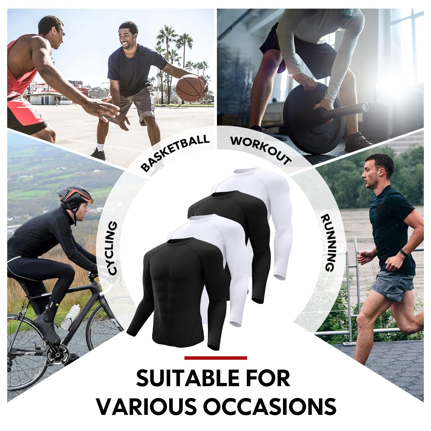 CL convallaria 4 Pack Compression Shirt Men Long Sleeve Cooling Dry Running Tops Athletic Base Layer for Sports