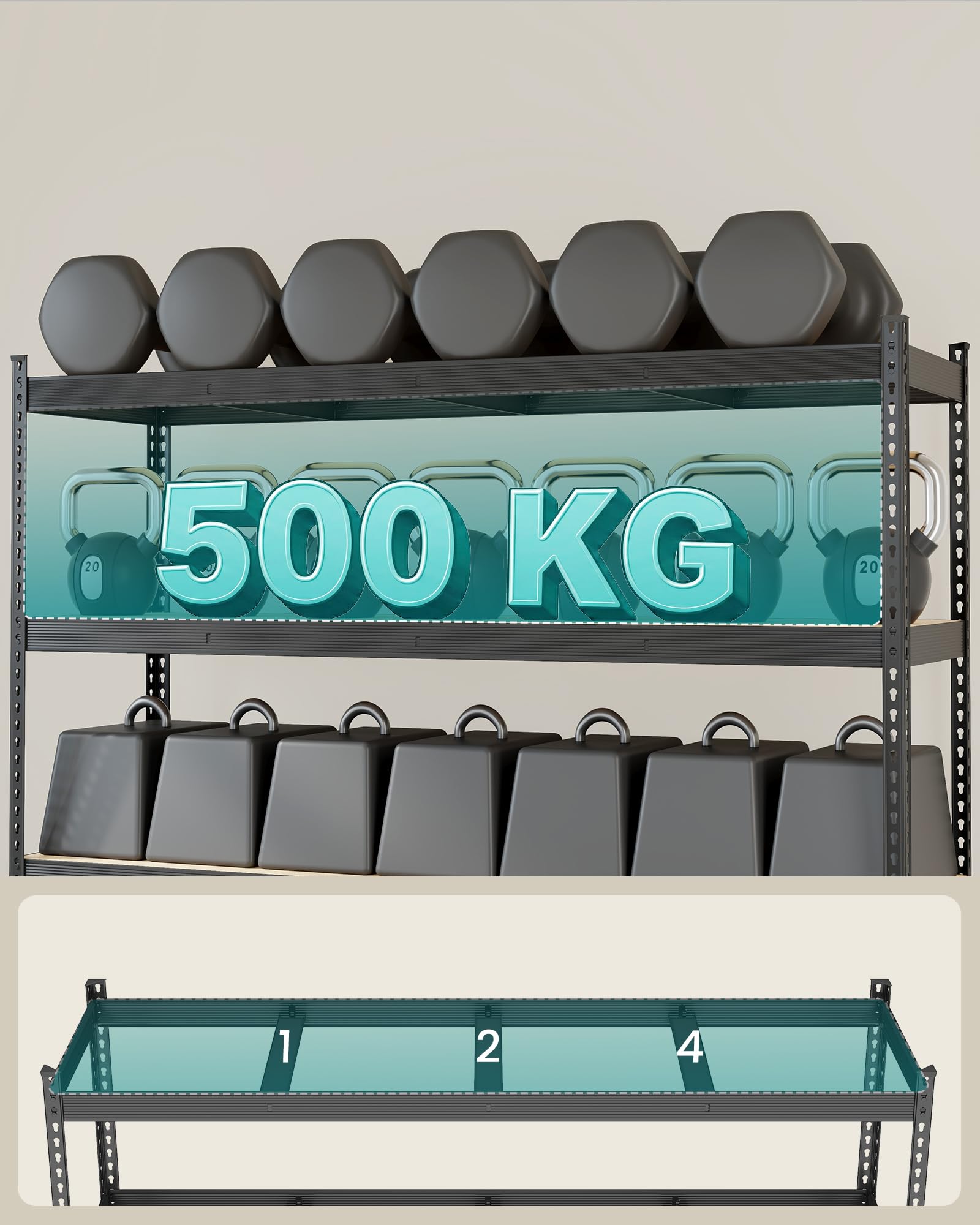 SONGMICS 4-Poziomowy Regał Magazynowy, Stal i MDF, Nośność 2000 kg, Bezśrubowy, Regulowane Półki, 200 x 60 x 183 cm, do Garażu i Warsztatu, Czarny, Kolekcja COZORY GLR728BZ01