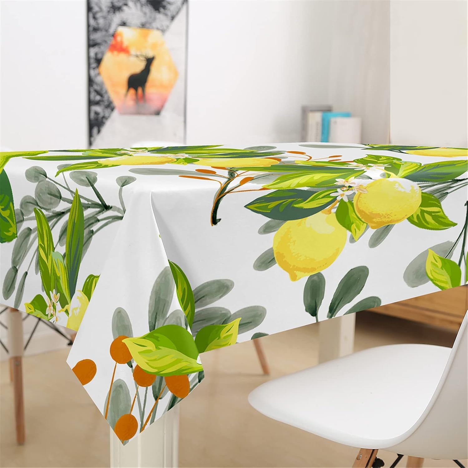 Tovaglia Antimacchia 300x140 cm Rettangolare Frutta Limone Tovaglie Impermeabile 3 Metri Copritavolo Poliestere Protezione Tavolo Foglie, per Feste (12-14 Posti) a-158