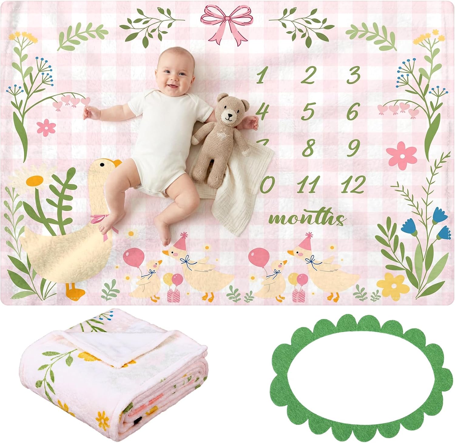 Frienda Silly Goose Baby Milestone Monthly Blanket for Boy & Girls 40 x 50 Inches Floral Flannel Blanket Newborn Infant Swaddle Milestone Monthly Photography Background with Wreath for Nursery Decor