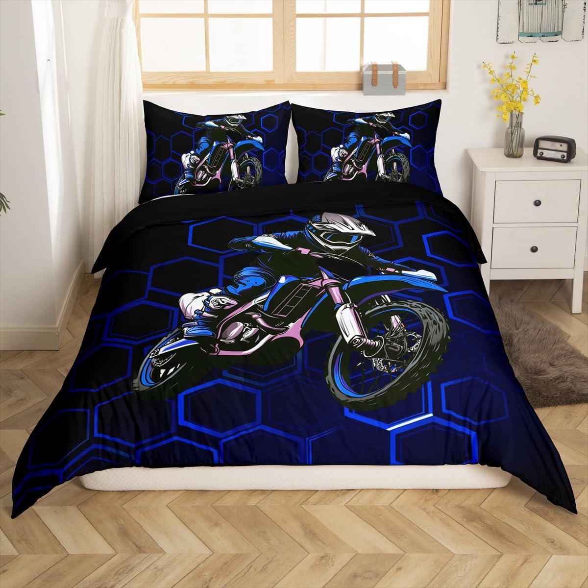 Loussiesd Blue Dirt Bike Duvet Cover Set Single Size For Kids Boys Teens Bedroom Hexagonal Honeycomb Bedding Set Geometric Extreme Sports Comforter Cover with 1 Pillowcase - Image 2