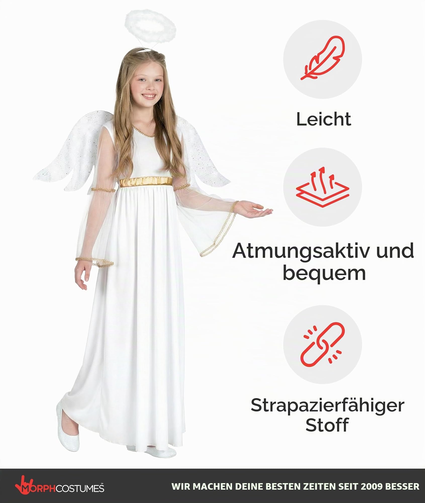 Morph Engel Kostüm Kinder, Himmlisches Halloween Kostüm Kinder | Kleid, Flügel & Heiligenschein, Weiß-goldenes Design, Zum Überziehen, Perfekt für Halloween, Ideal für Rollenspiele