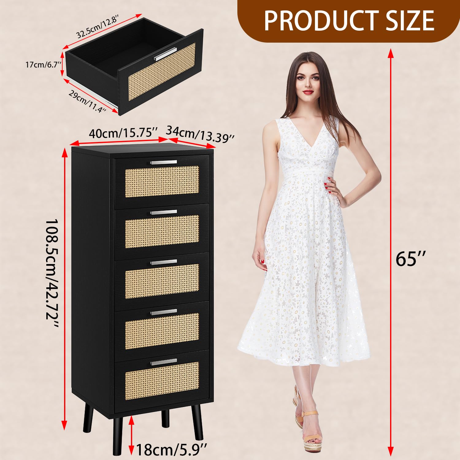 IBUYKE Cómoda Dormitorio, con 5 cajones Decorados de ratán, Mueble Cajonera con Patas de Madera, 40x34x108.5cm, Mueble Almacenaje Madera para Salón, Pasillo,Negro WST010B