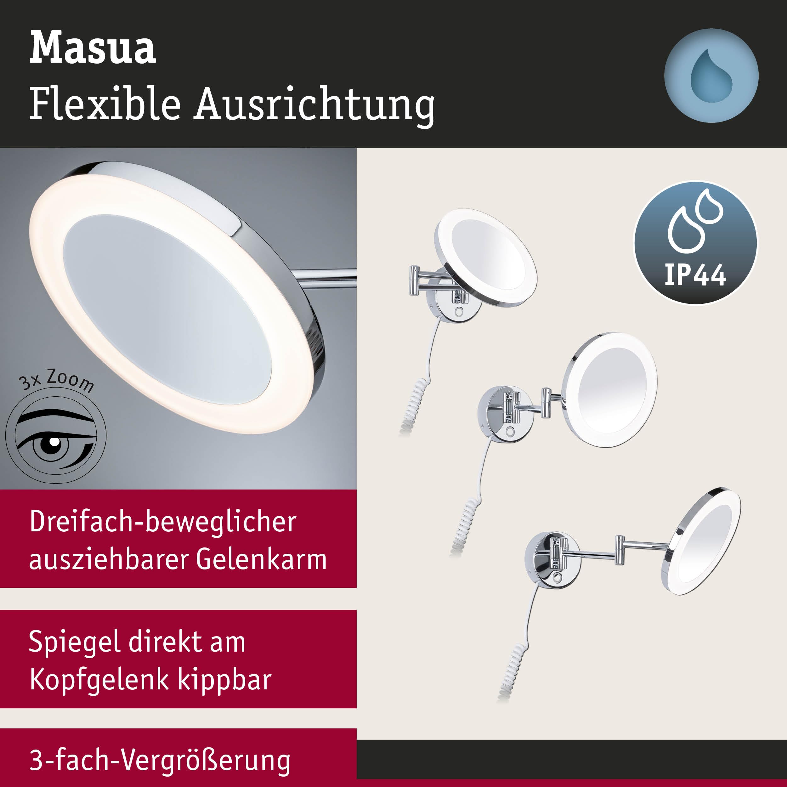 Paulmann 71148 LED Kosmetikspiegel Masua IP44 White Switch 55lm 230V 4W Chrom 3-fach Vergrößerung