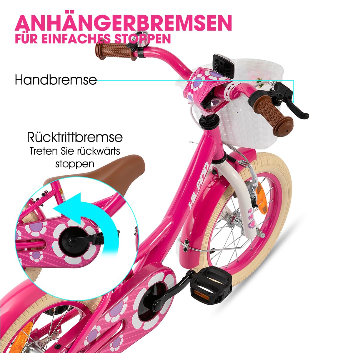HILAND Petal 12/14/16 Zoll Kinderfahrrad für Mädchen, mit Vorderhandbremse & Rüicktrittbremse, Mädchenfahrrad mit Stützrädern, Kinderfahrrad Mit Korb und Schutzblechen, Rosa/Lila/Weiß
