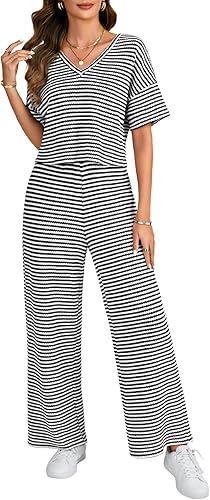 Vrtige Women's Striped 2 Piece Outfits Knit Short Sleeve Top and Wide Leg Pants 