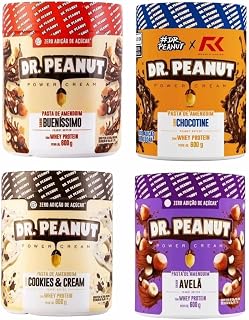 4x Pasta de Amendoim Dr Peanut Avelã,Chocotine,Buenissimo e Cookies and Cream 600g Whey Protein