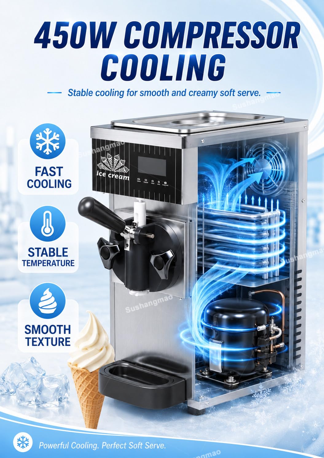 Macchina per Gelato Soft, Macchina per Gelato Commerciale, Gelatiera da Banco 450 W con Serbatoio da 2,5 L, Controllo LCD e Pulizia Automatica per Ristoranti e Negozi di Dessert Silver