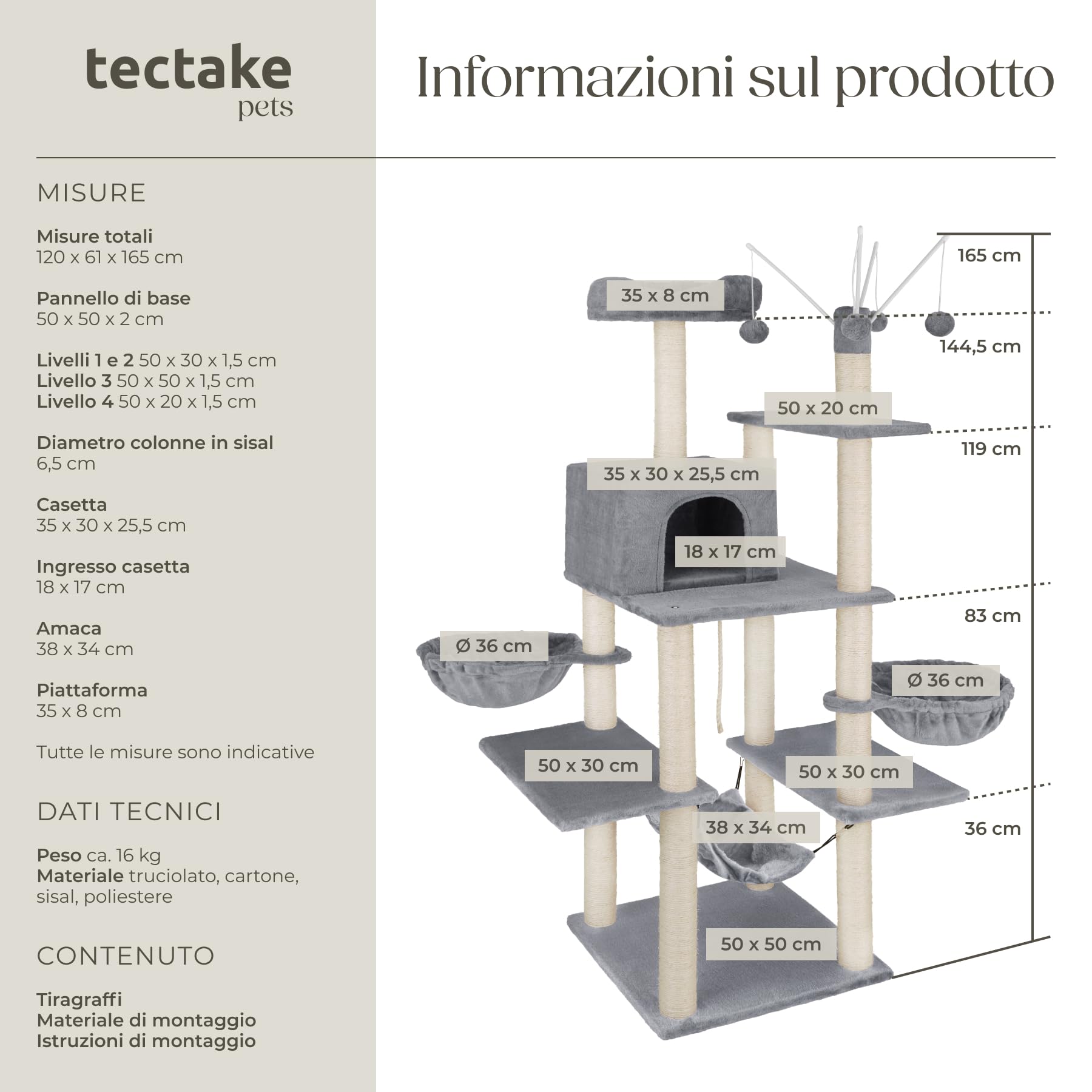 tectake® Albero Tiragraffi per Gatti con Colonne in Sisal, Tiragraffi Gatto con Cuccette e Comoda Casetta, Tiragraffi con Piattaforma Panoramica, Rivestimento in Morbido Peluche - Grigio