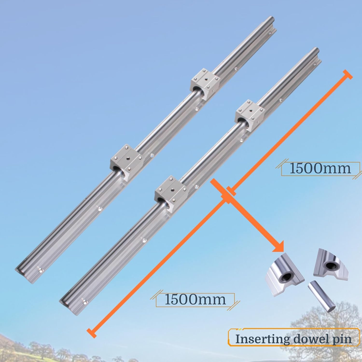 SBR20 Linear Rail 3000mm 4 PCS 1500mm Linear Slide Rails and 8 PCS SBR20UU Square Type Bearing Blocks + 4 PCS Dowel Pins for Automated Machines Equipments and DIY CNC Routers