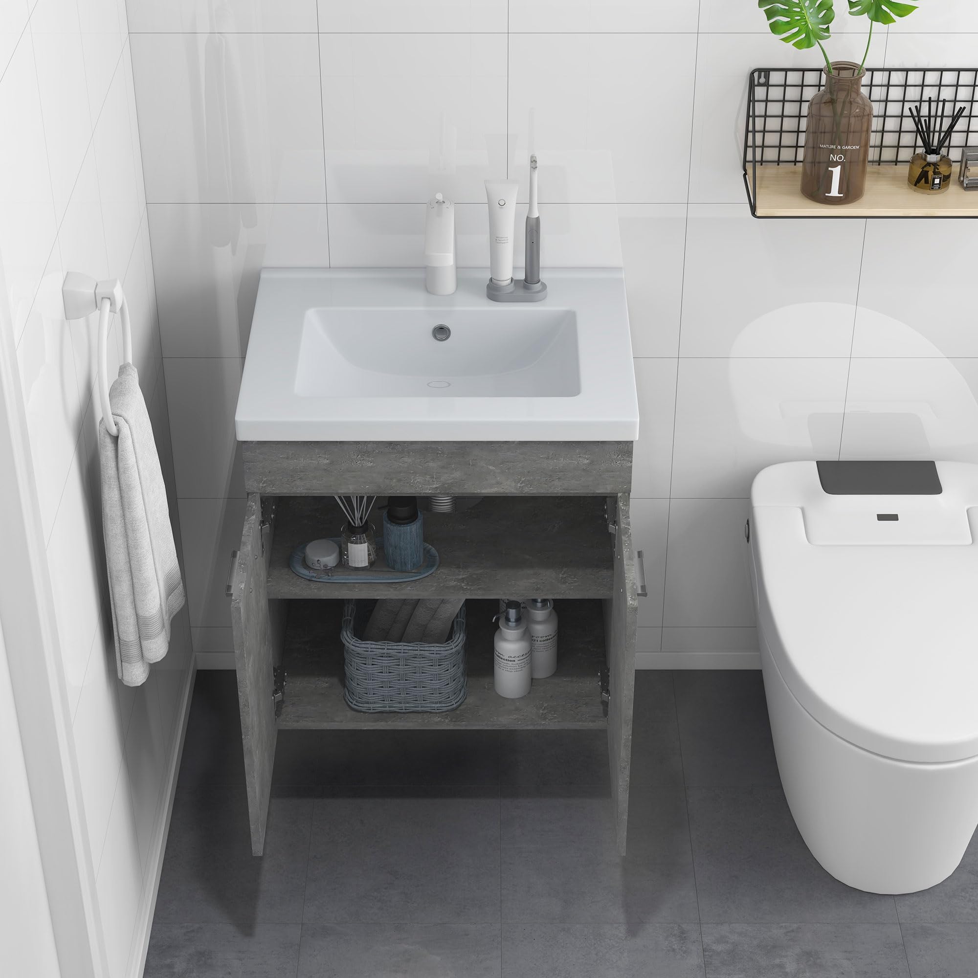 kleankin Mueble de Baño con Lavabo Cerámico de Pared 60x45,5x60 cm Gris | Armario Bajo de Lavabo, 2 Puertas, Estante Ajustable, Acabado Melamina