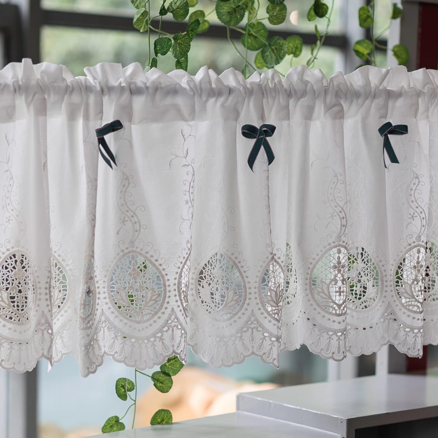 Tier Curtains Kitchen Curtain,Hollow Embroidered Lace Half Curtain,Country Style Cafe Curtain,Translucent Bistro Curtains,Valance Short Curtains for Kitchen Living Room Bathroom Bedroom