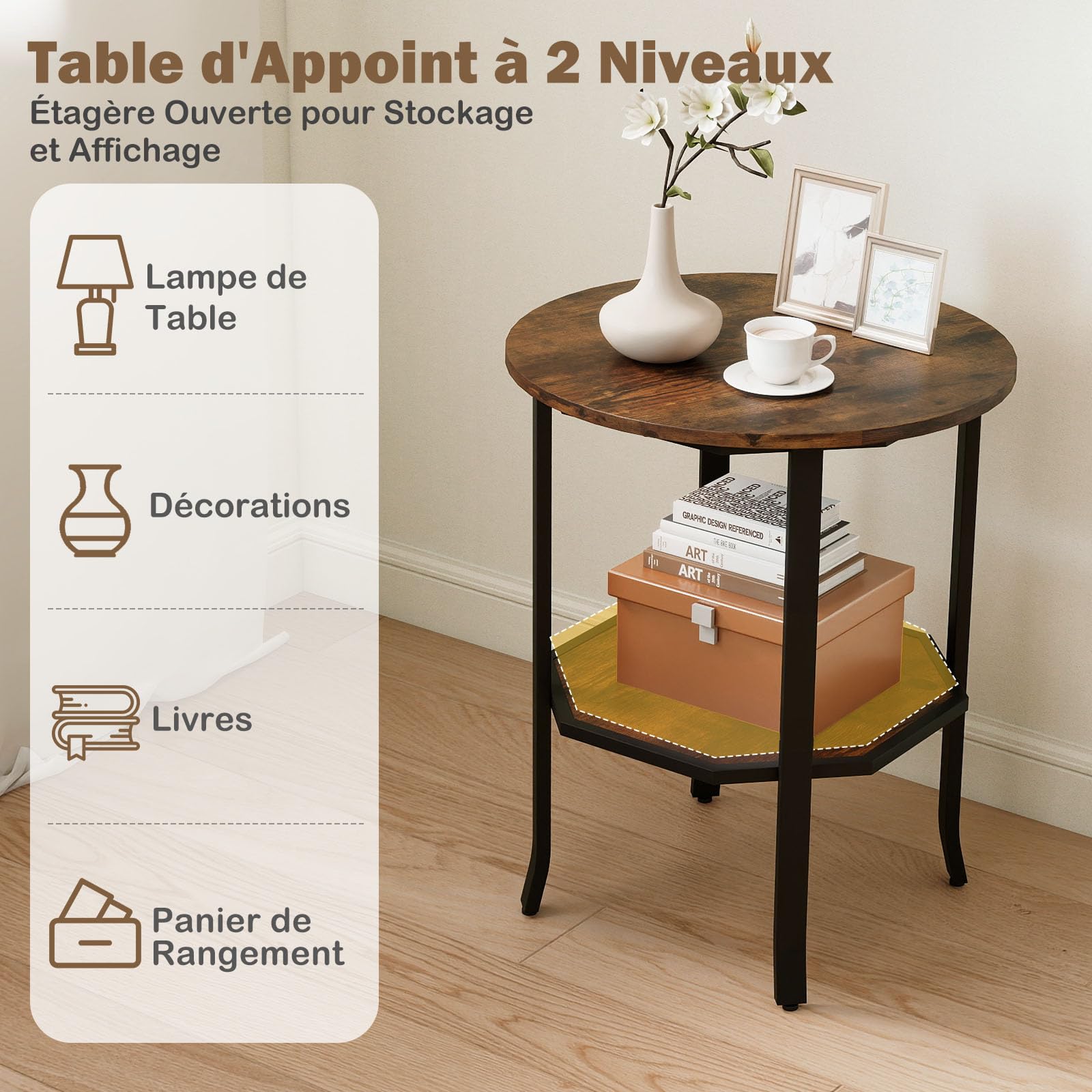 COSTWAY Table d'Appoint Ronde à 2 Niveaux, Bout de Canapé avec Étagère, Grain de Bois, Table d'Appoint avec Cadre en Métal Robuste, Design Industriel pour Salon, Chambre, Entrée (Brun Rustique)