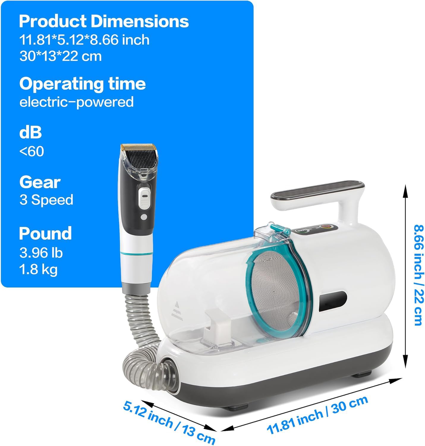 Kit de toilettage pour chien avec aspirateur, 15 kPa 1,5 L, tondeuse pour chat, aspiration 99 % des poils d'animaux, kit de toilettage professionnel pour animaux de compagnie avec 7 outils éprouvés
