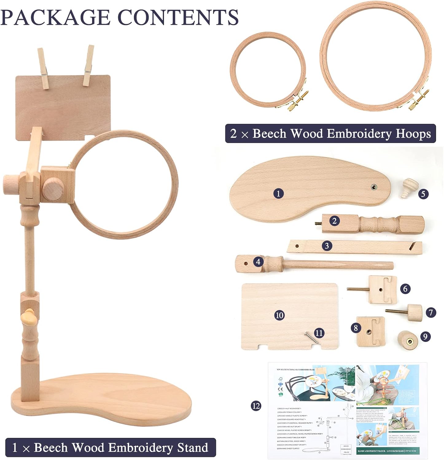 ZOCONE Beech Wood Adjustable Rotated Embroidery Hoop Stand with 2 Pcs Hoops 4'' 6'', Wooden Embroidery Stand Hands-Free Cross Stitch Hoop Holder for Sewing Needlework Embroidery Project (A)