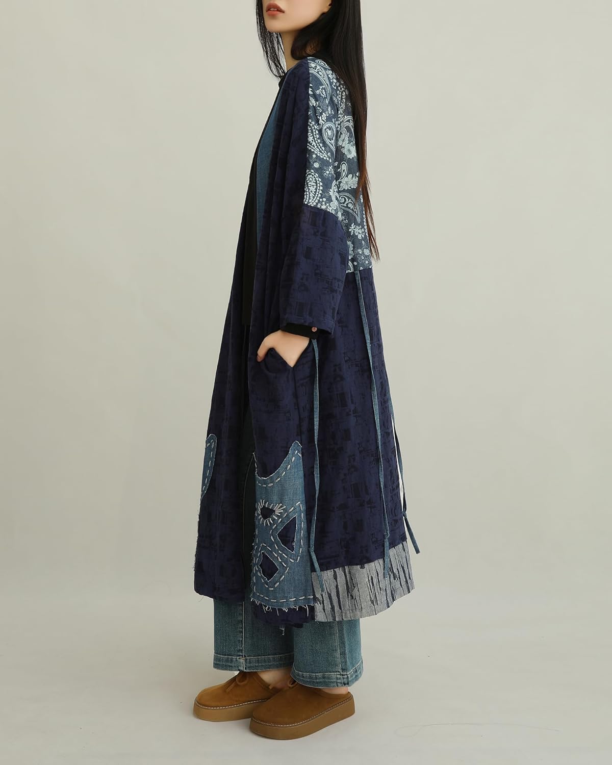 Women's Blue Denim Patchwork Kimono Jacket Loose Cardigan Spring Fall Floral Print Outerwear