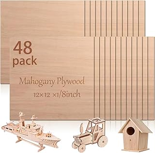 48 Pcs Mahogany Plywood Sheets,12 x 12 x 1/8 Inch - 3mm Thick Mahogany Unfinished Wood for Crafts Laser Cutting & Engraving, School DIY Projects, Painting, Fretwork, CNC Cutting, and Wood Burning