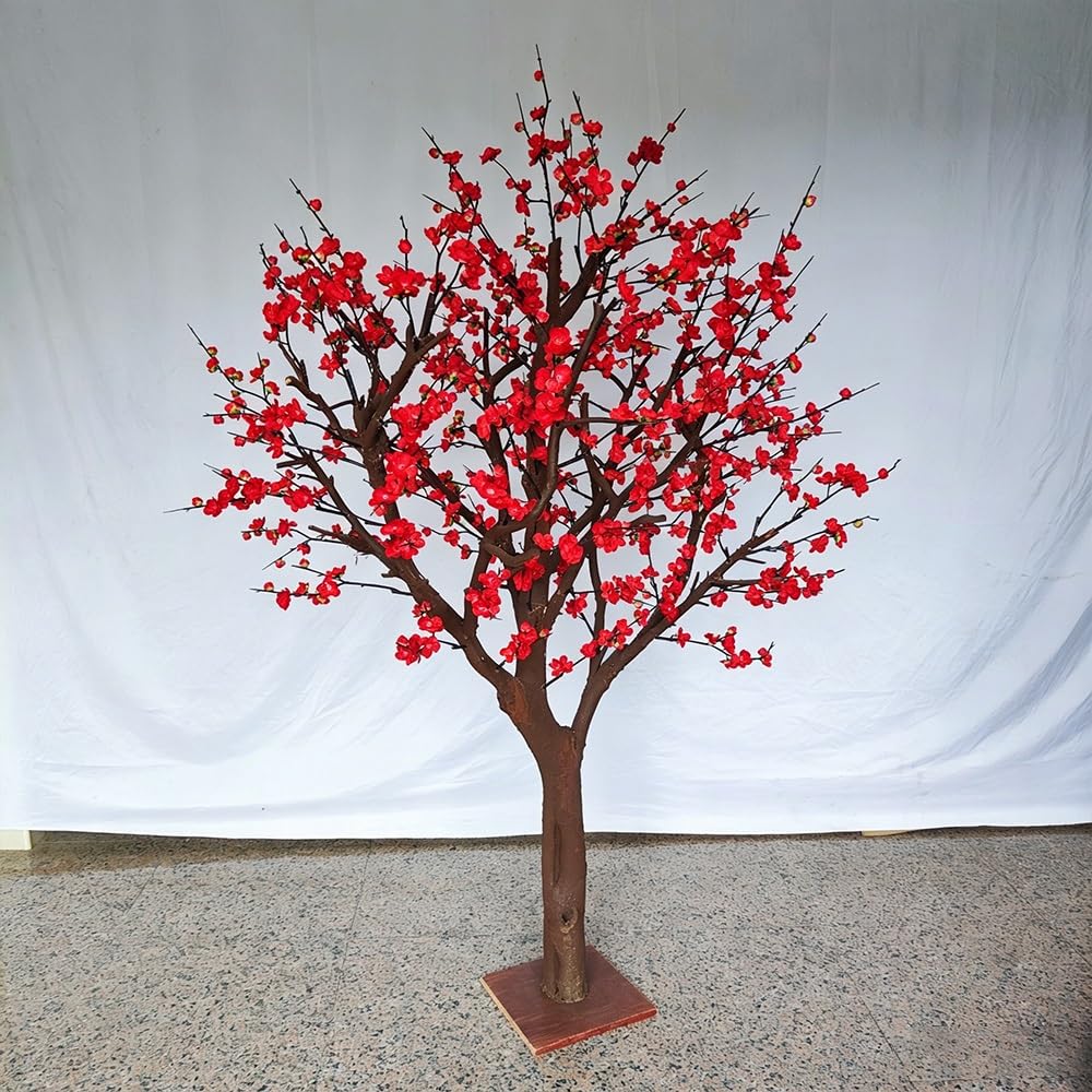 Large Fake Red Plum Blossom Tree, Realistic Artificial Flower Tall Simulation Plant for Hotel Lobby Shop Display Decor(4.5M)