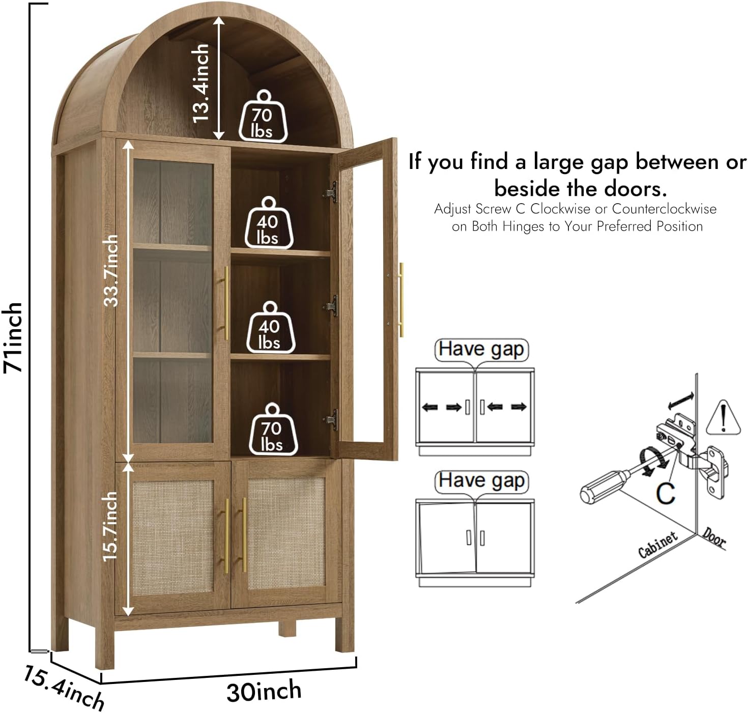 71" Tall Arched Display Cabinet, 5-Tier Bookshelf Modern Farmhouse Arched Bookcase with Glass Doors and Shelves, Wooden Pantry Storage Cabinet for Living Room, Office and Kitchen, Caramel Oak