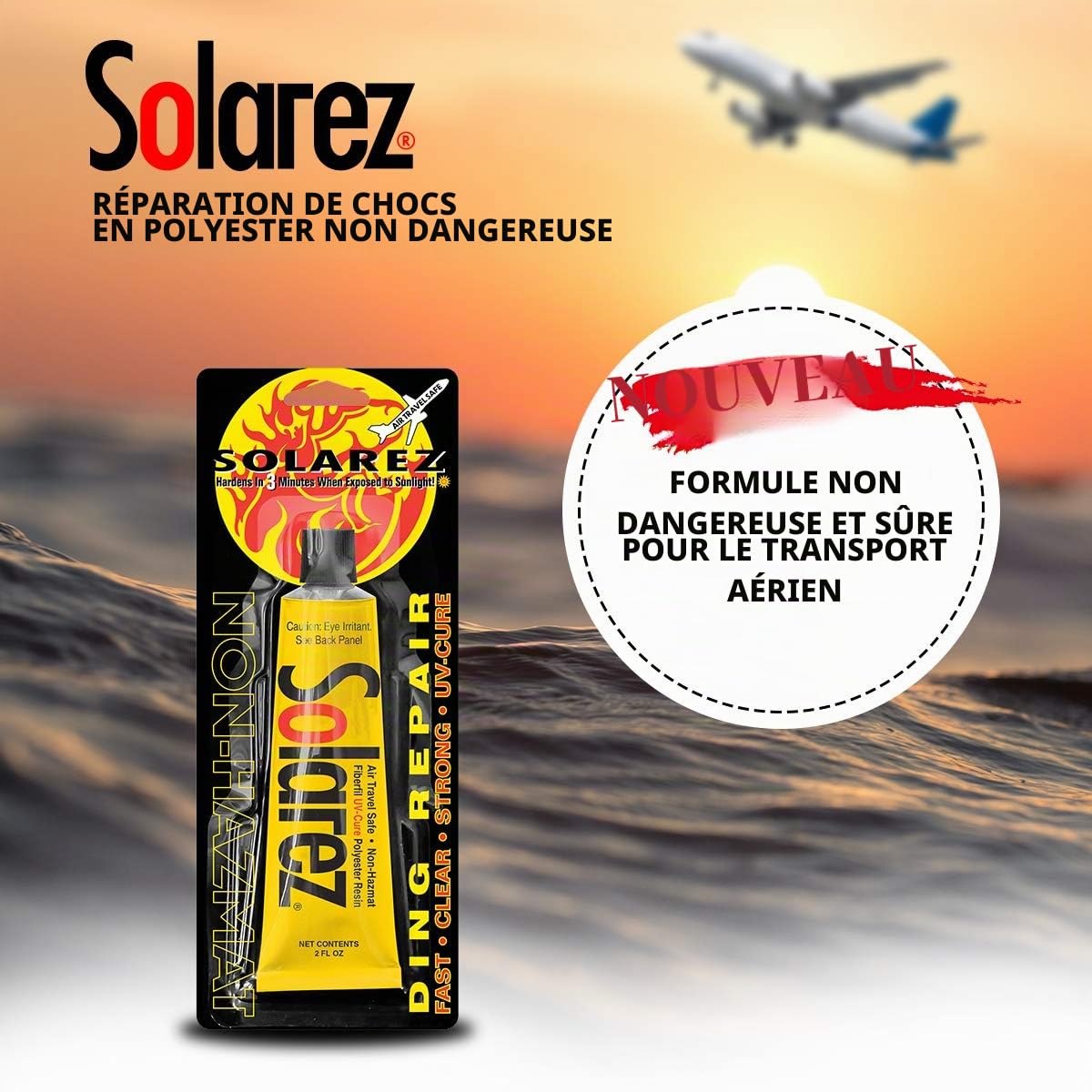 Solarez Kit de réparation pour planche de surf en polyester à séchage UV Air Travel Safe (28,3 g) - Formule sûre et non dangereuse, séchage en moins de 3 minutes. Comprend un tampon de sable grain 60/240, durcissement solaire 100 % fabriqué aux États-Unis