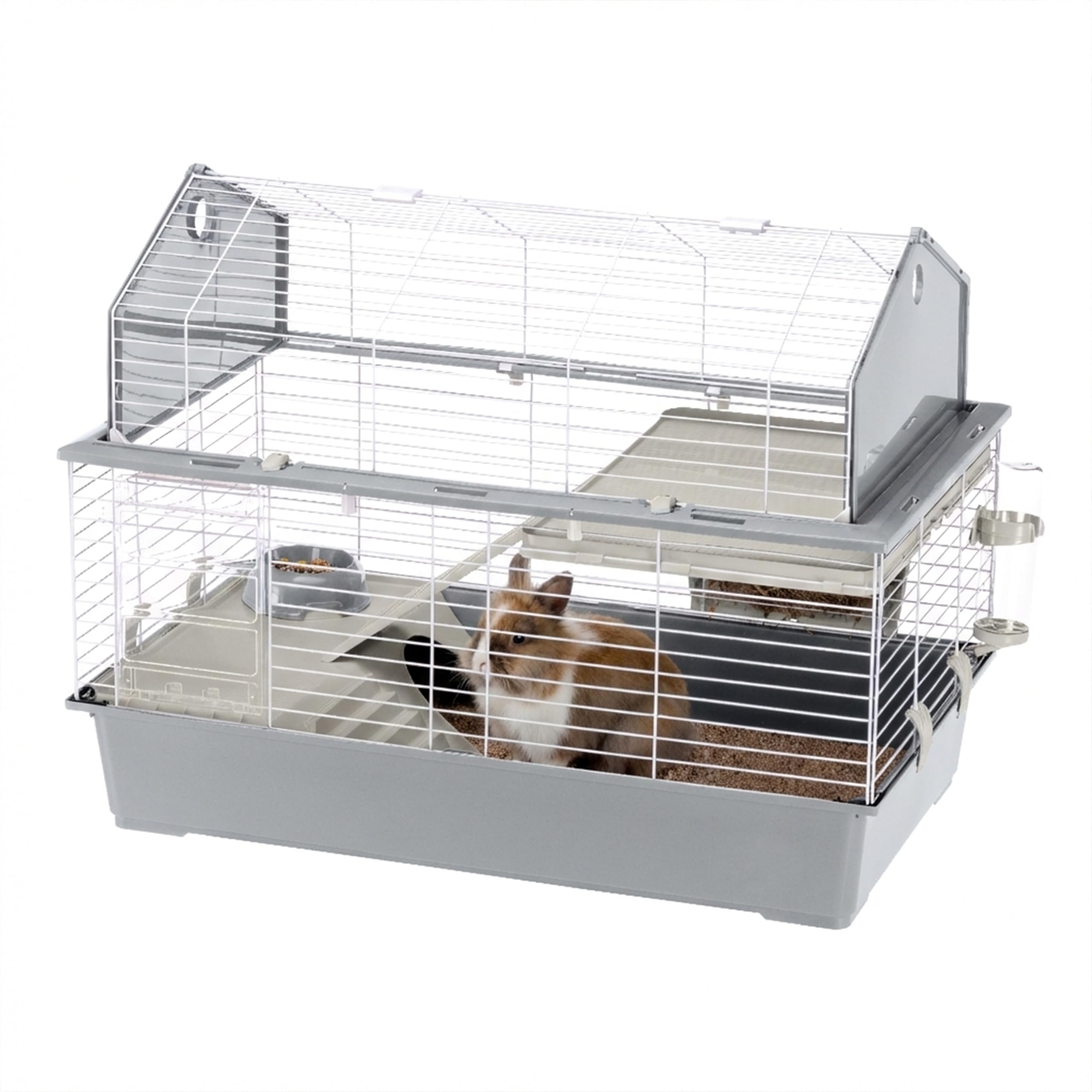 Ferplast Large Rabbit cage BARN 100 Small pet home, American Barn Setting, Fully opening roof, Accessories and decorative stickers included, 96 x 57 x h 73 cm Grey