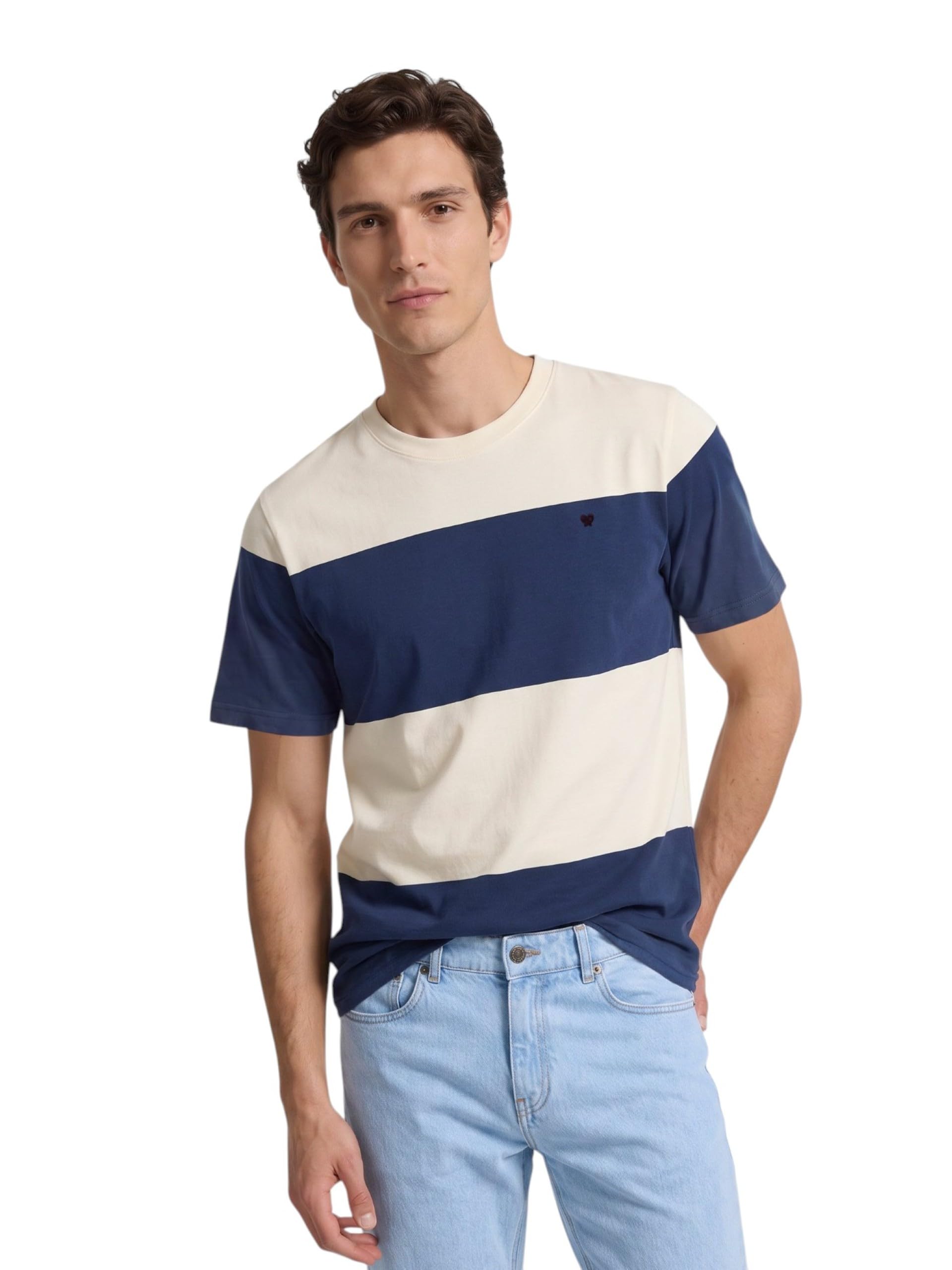 SILBON Camiseta Raya Ancha Azul Marino T-Shirt Uomo (Pacco da 1)