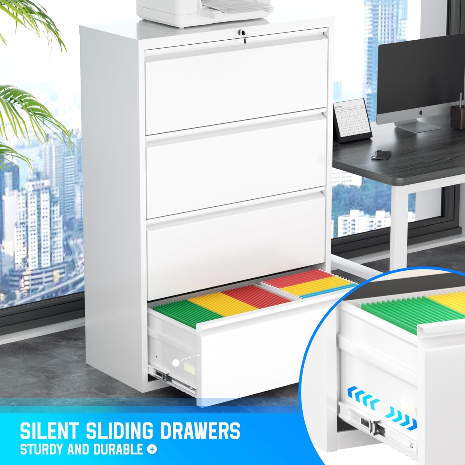 Greenvelly 4 Drawer File Cabinet, Lateral Filing Cabinet for Home Office, White Metal File Cabinet with Lock, Lockable Lateral File Cabinet with Hanging Files&Key for Letter/Legal/F4/A4 (36" W)
