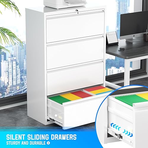 Miniatura 6 de Greenvelly Archivador de 4 cajones con cerradura, archivadores laterales para oficina en casa, archivador lateral de metal con cerradura,