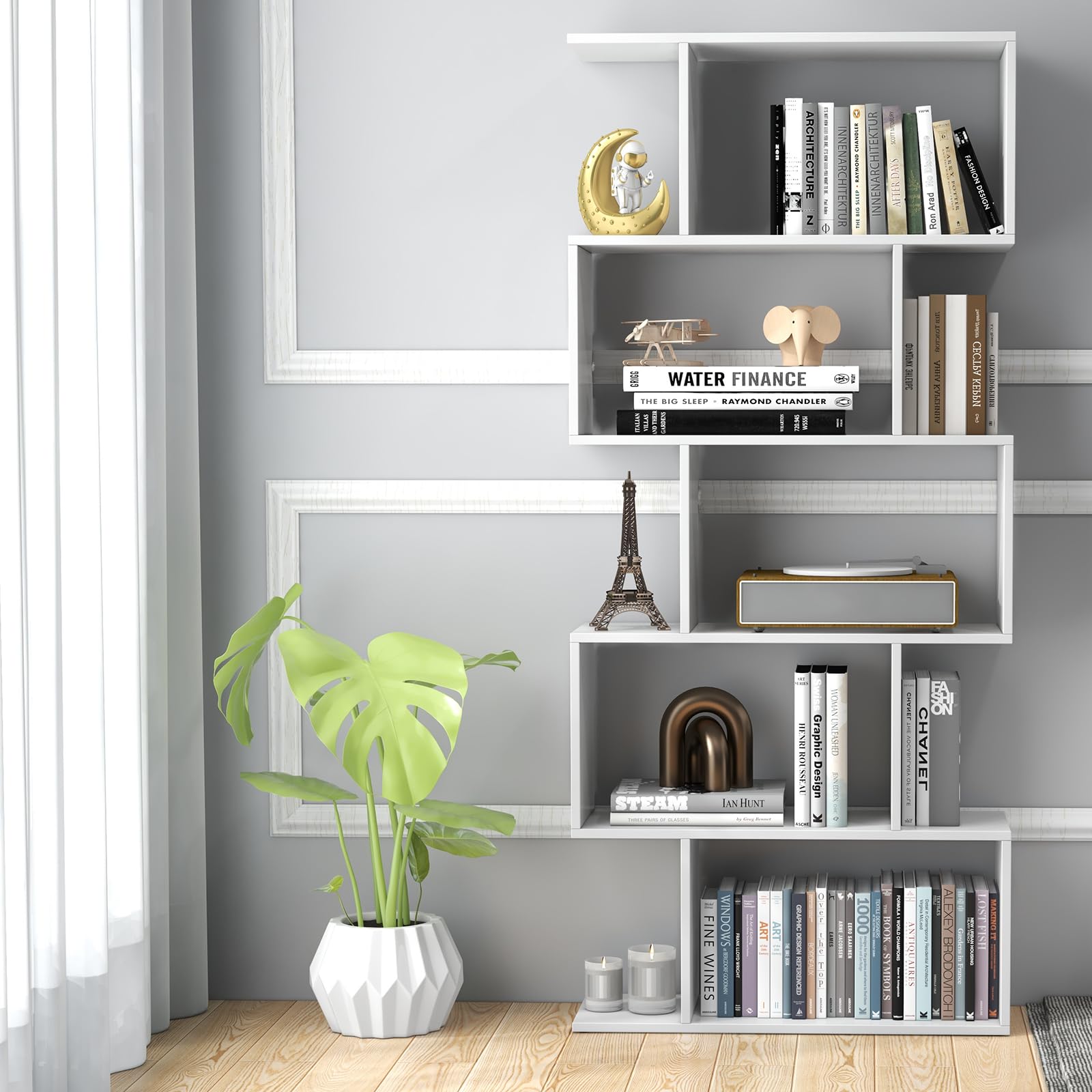 HOMASIS Libreria a Forma di S, Scaffale di Stoccaggio con 5 Livelli, Libreria Scaffale da Terra in Legno, Scaffale Divisorio Verticale per Soggiorno, Camera da Letto, Ufficio, 70x23,5x158cm (Bianco)