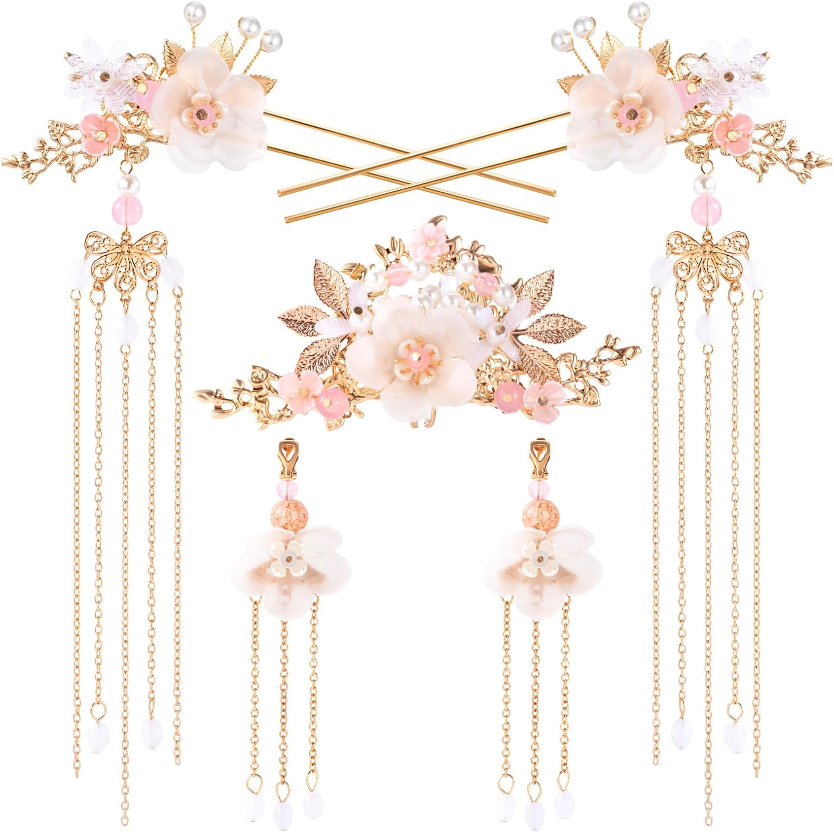 HINZIC Silk Flower Tassels Hairpin, Crystal Rhinestone Pearl Hair Clips Headpiece