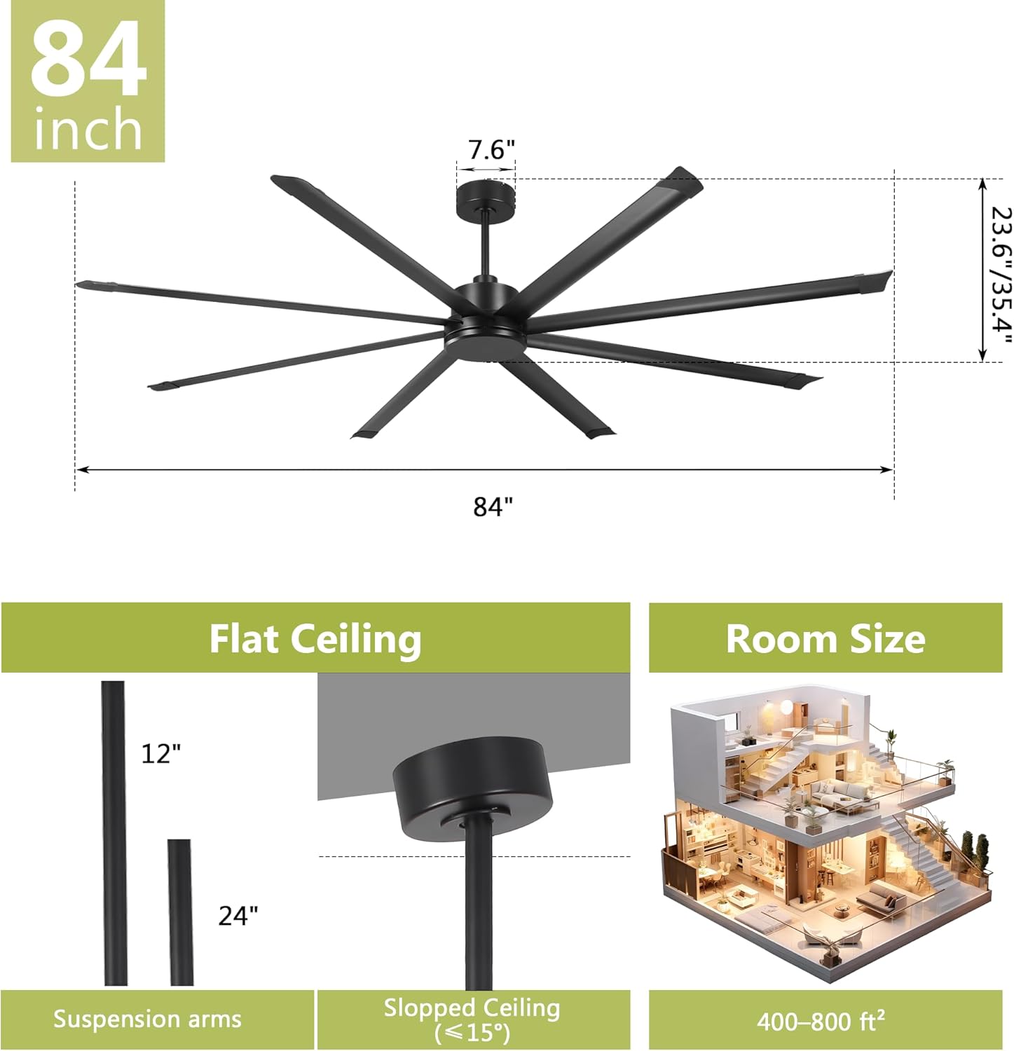 84" Industrial Ceiling Fan No Light, 8-Aluminum Blade DC Motor with 6-Speed Remote, 12000CFM Quiet Reversible Fan for Commercial & Large Indoor Spaces, Black