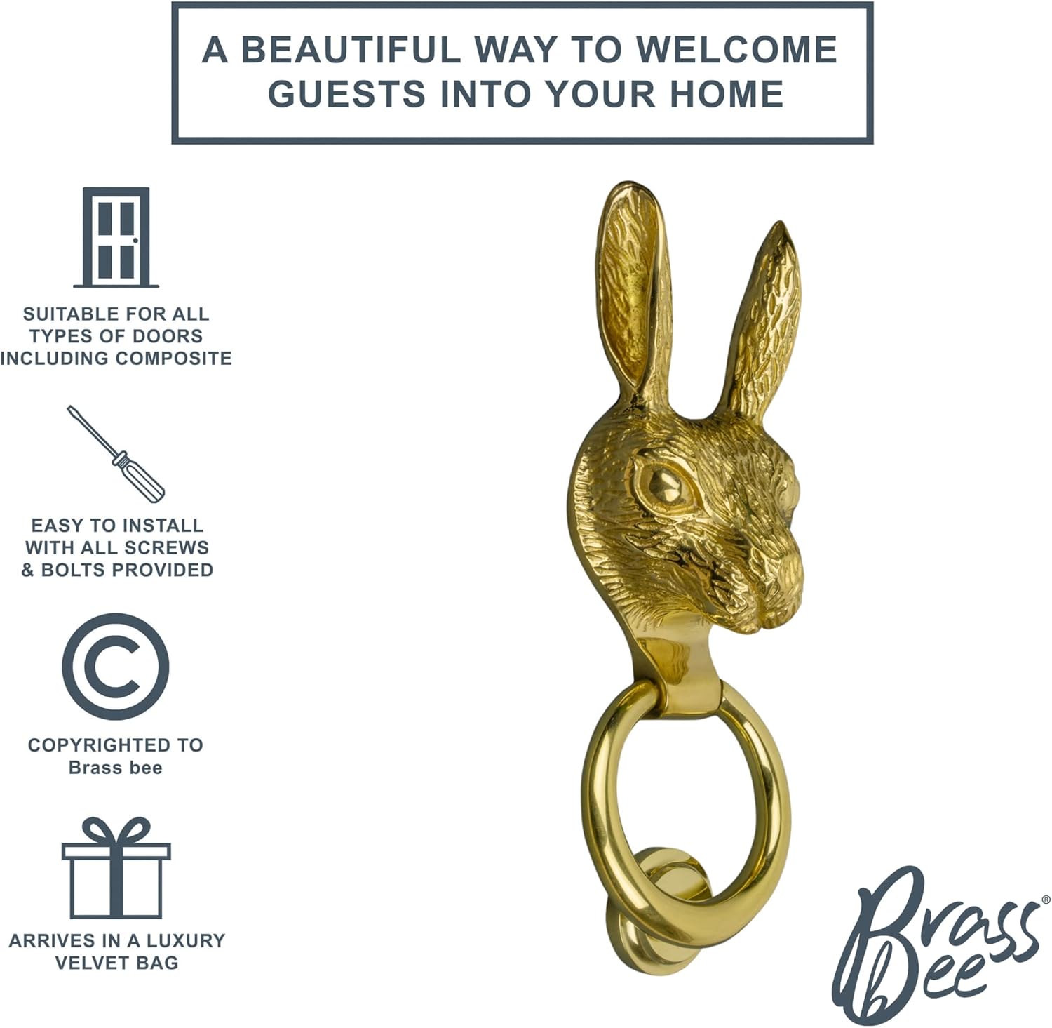 Gold Hare Door Knocker for Front Door | Polished Solid Brass Knockers with Strike Plate | UPVC | Rabbit Hare Front Door Furniture with a Unique Design (Brass)