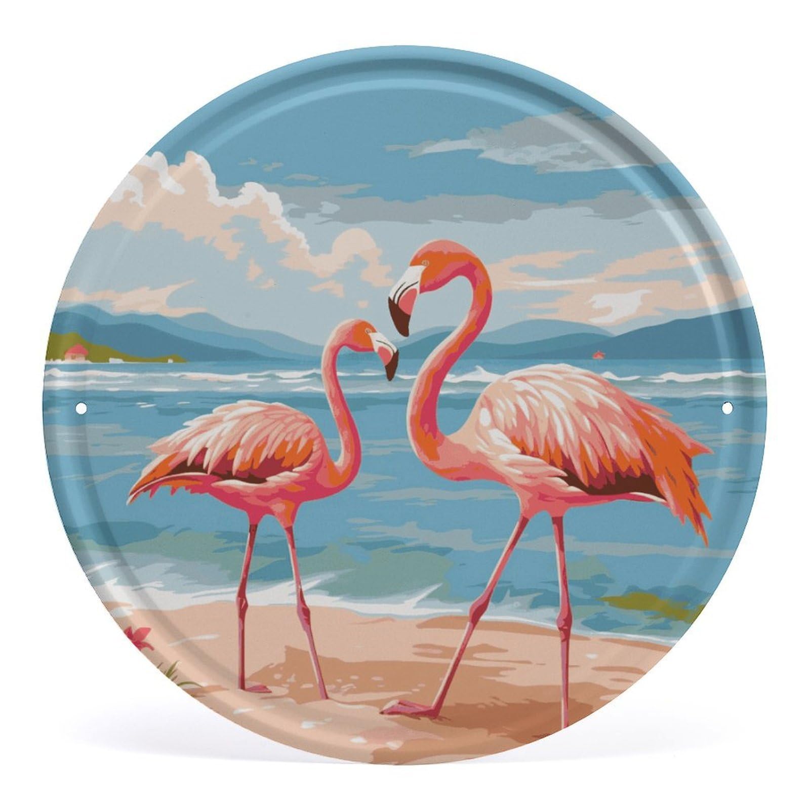 Fodpand Style Flamingo Beach Round Wall Art Hanging Decorations, Wall Decor Modern Minimalist Artwork, Tin Sign Hanging Picture For Living Room, Bedroom, Office, Hallway, 11.8X11.8 Inch