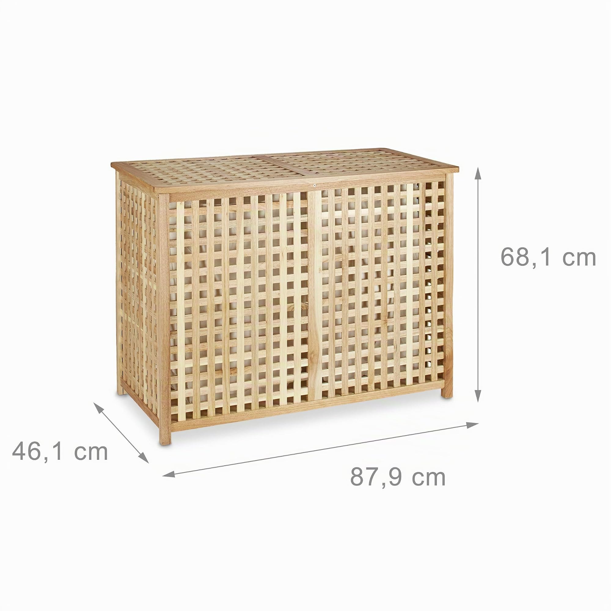 Relaxdays Cesto Ropa Sucia Doble, Madera Nogal, Canasto Ancho, 2 Sacos Ropa, Canasta Colada, 68x88x46 cm, Marrón Natural