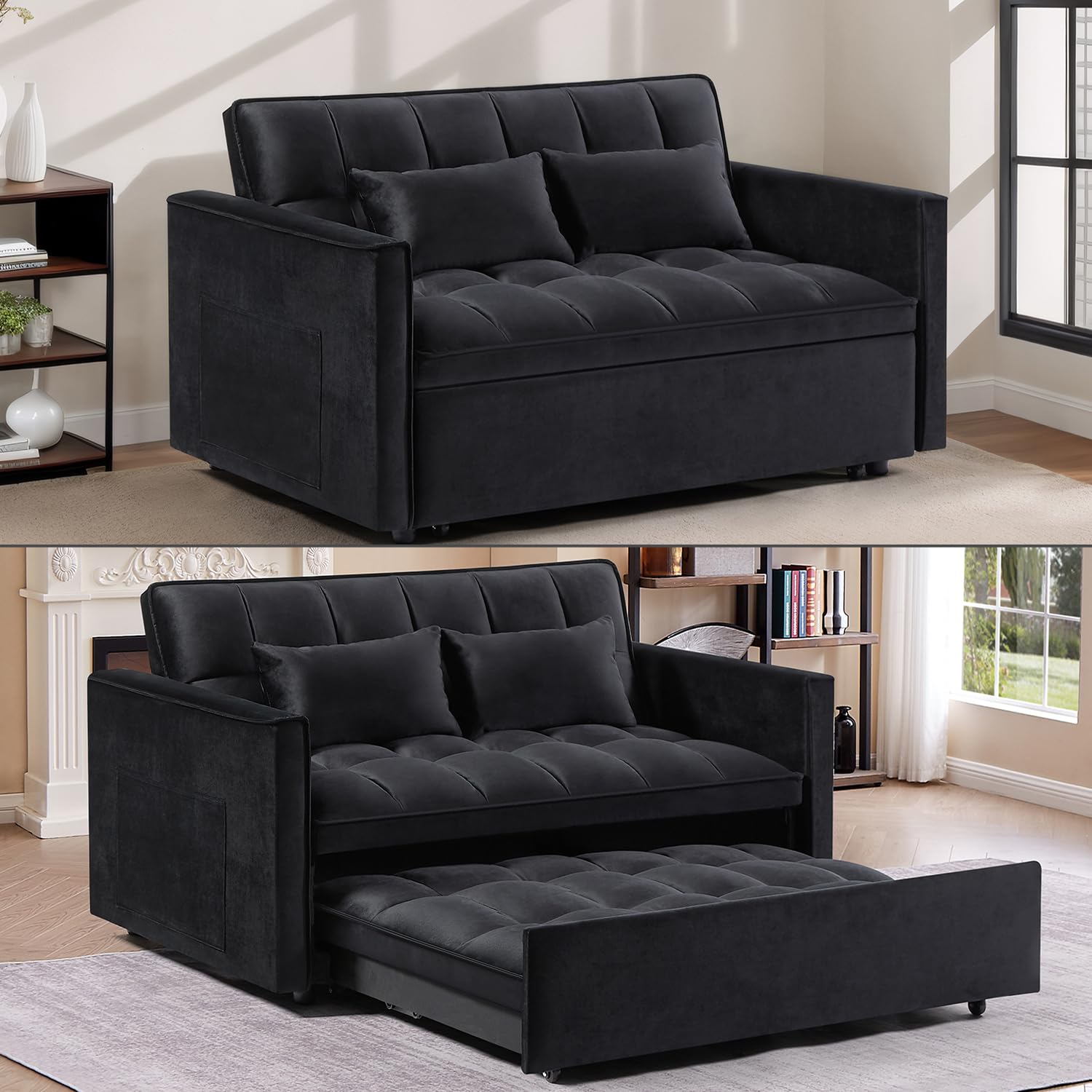 3 In 1 Velvet Convertible Sofa Bed, Pull Out Couch Bed with Reclining Backrest And 2 Pillows