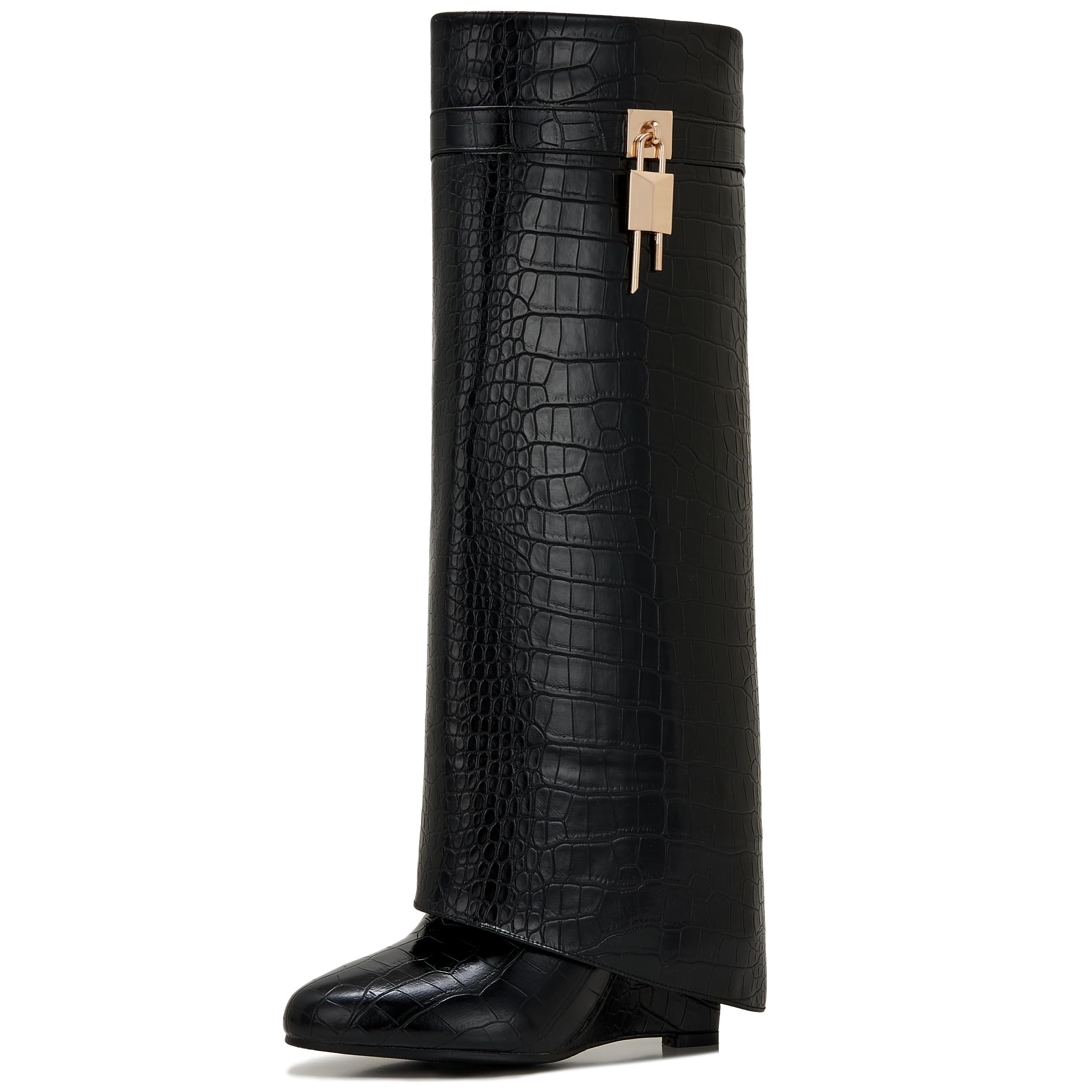 CDHYX Fold Over Boots for Women Pointy Pull-on Wedge Heel Knee Shark Boot With Side Zipper Padlock Design: 5.5 Black-crocodile-1