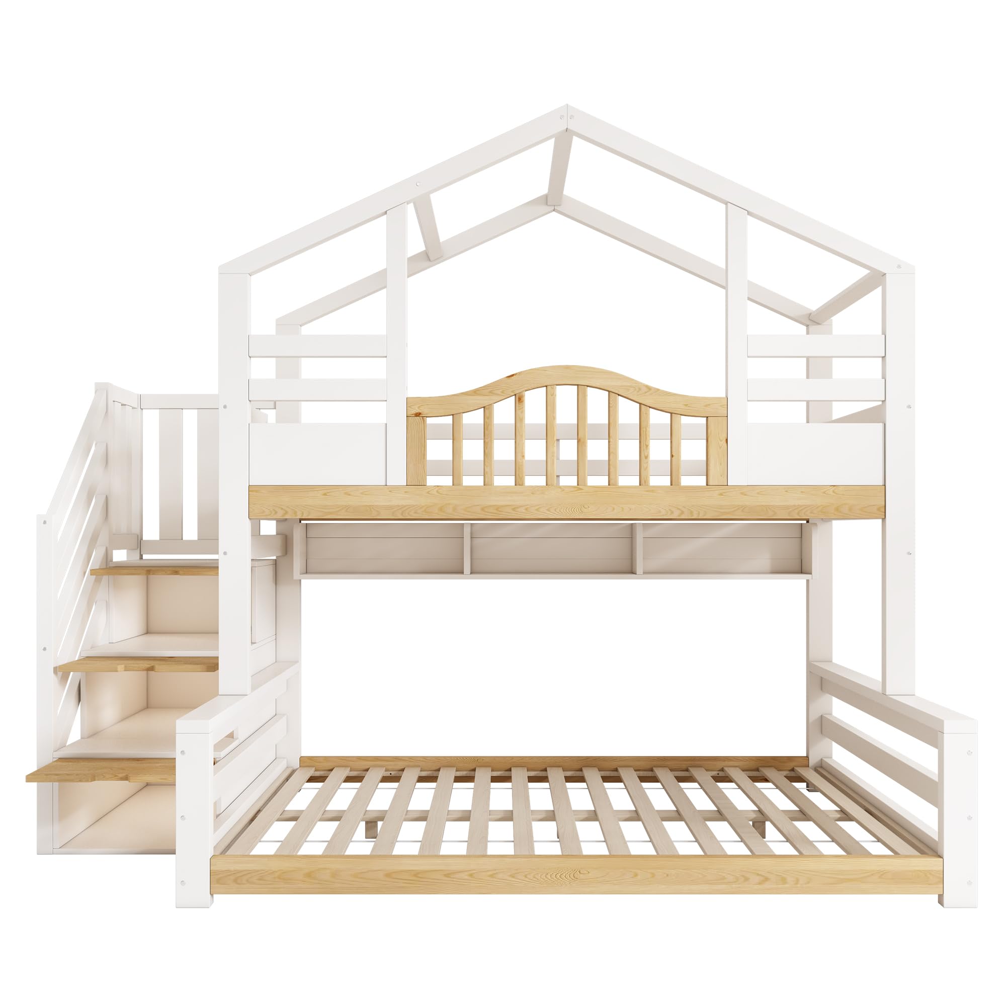 Hochbett Etagenbett 90x200cm&140x200cm mit Treppenschrank, Kinder Hausbett mit Dach und Geländer, unteres Bett mit drei offene Regale, Kinderbett für 2 Kinder, Massivholz (Weiß&Natur, 90/140 x 200 cm)