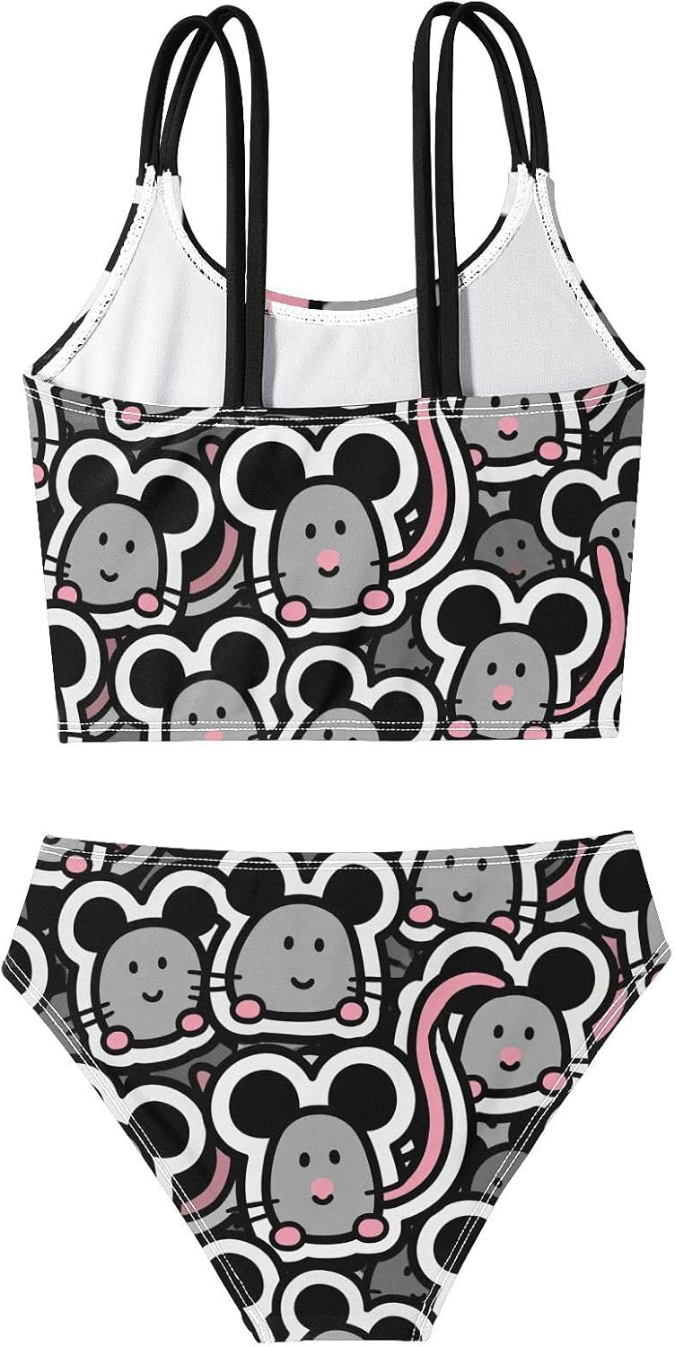 visesunny Girls Two Piece Swimsuits Gray Mouse Sticker Girl's Bikini Sets Bathing Suits for Girls Size 5-12Y