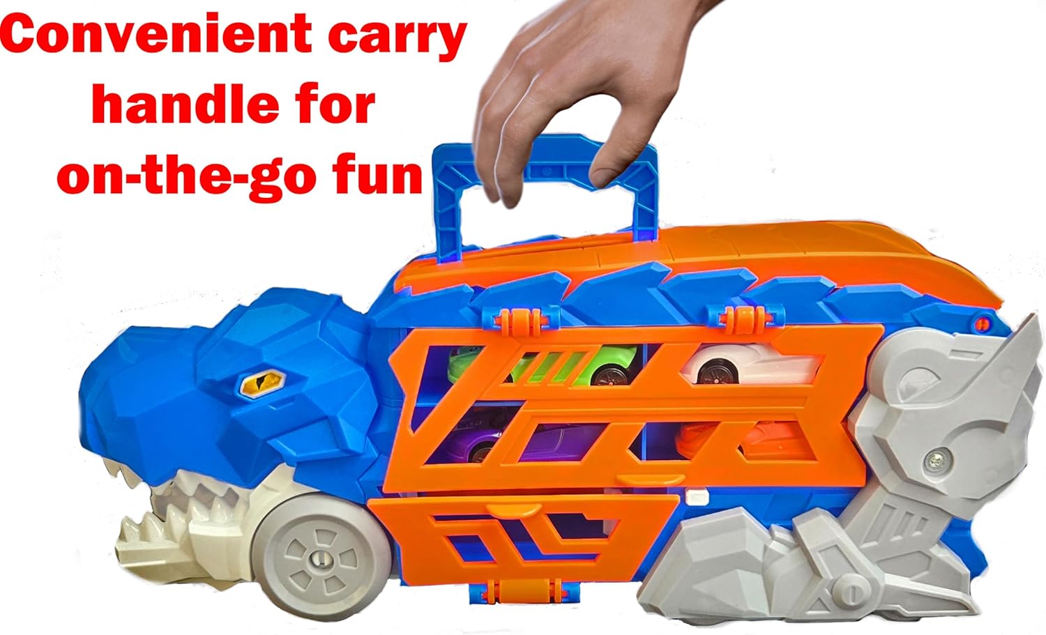 Race & Roar Dinosaur Truck Toy | Dino Mouth Car Launcher Slide-Out Track | 4 Die-Cast Cars Storage Handle | Smart Value Birthday Gift for Kids Ages 3 4 5 6