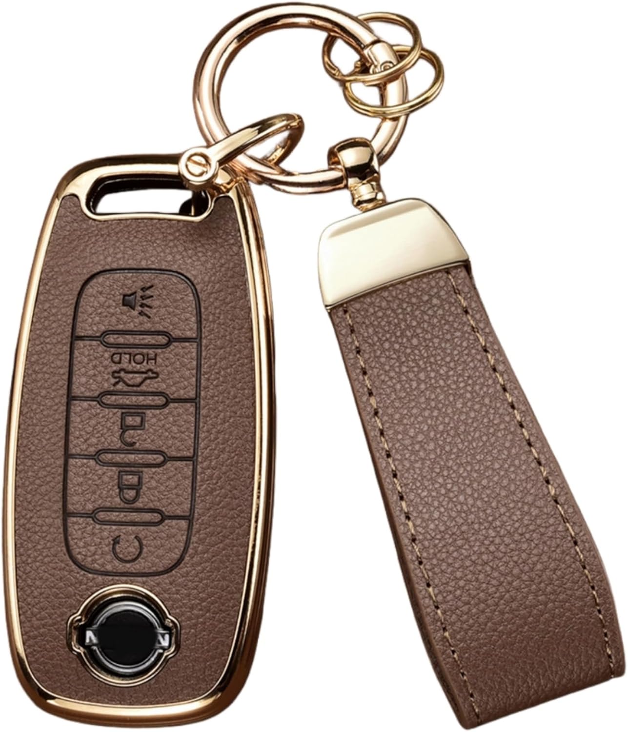 Key Fob Cover for Nissan with Key Chain, Upper Leather + Soft TPU Key Cover Case Shell for 2023 2024 2025 Pathfinder Rogue Versa Kicks Sentra Patrol Armada 5-Buttons (Brown)