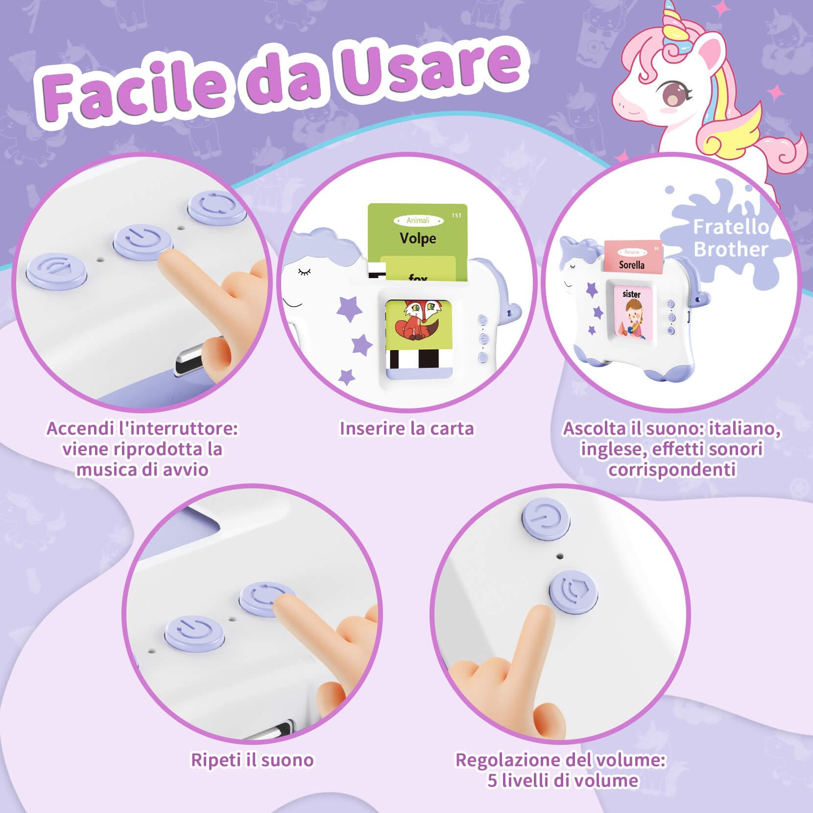 Flashcards Parlanti Giocattoli Montessori, Giocattoli Educativi per Bambini, 224 Parole 14 Temi, Autismo, Regalo di compleanno Regalo di Natale per Bambino (Viola Italiano)