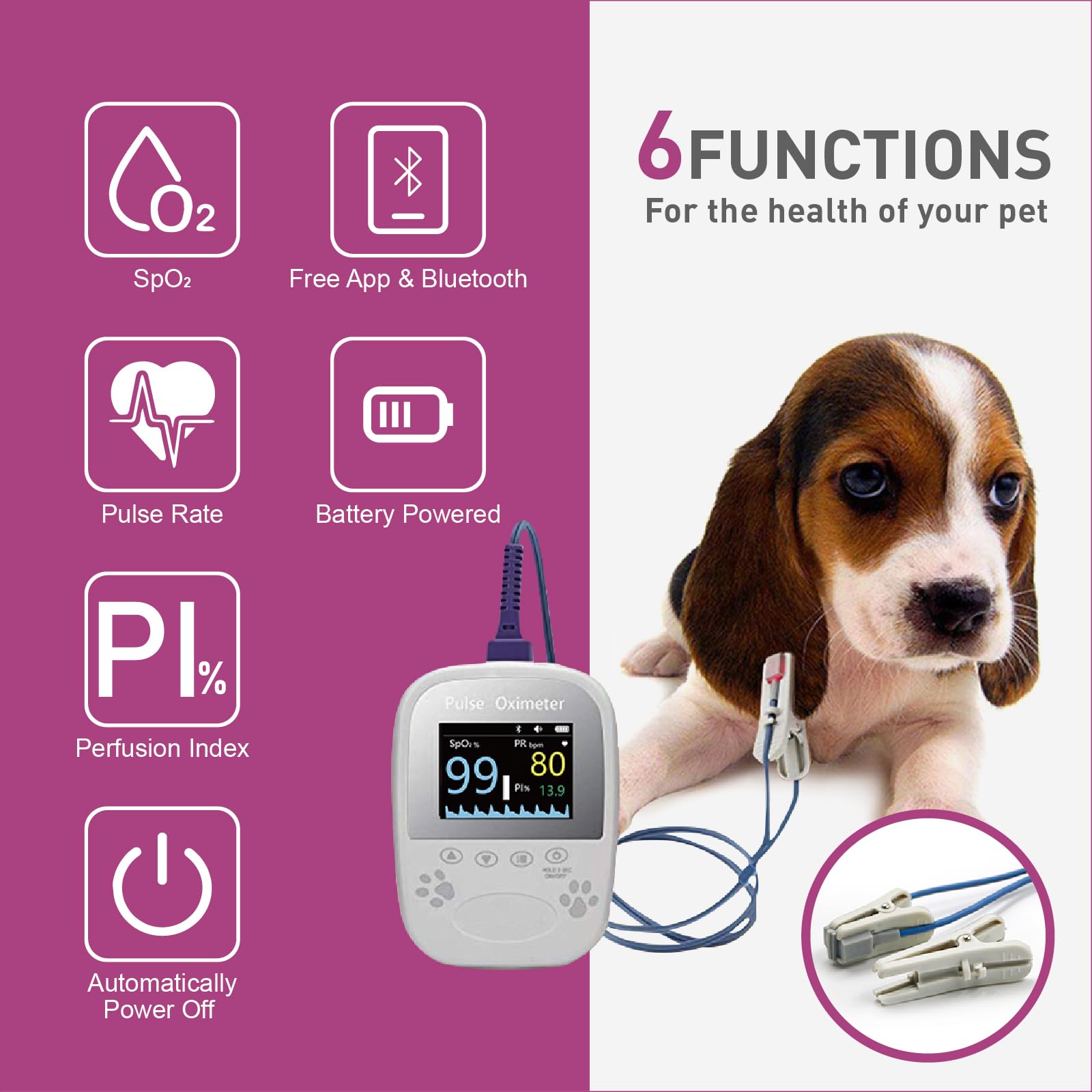 Free App Data Storage Veterinary Handheld AM1000A-Vet Blood Oxygen Saturation and Pulse Rate Tongue Probe Pets with Bluetooth