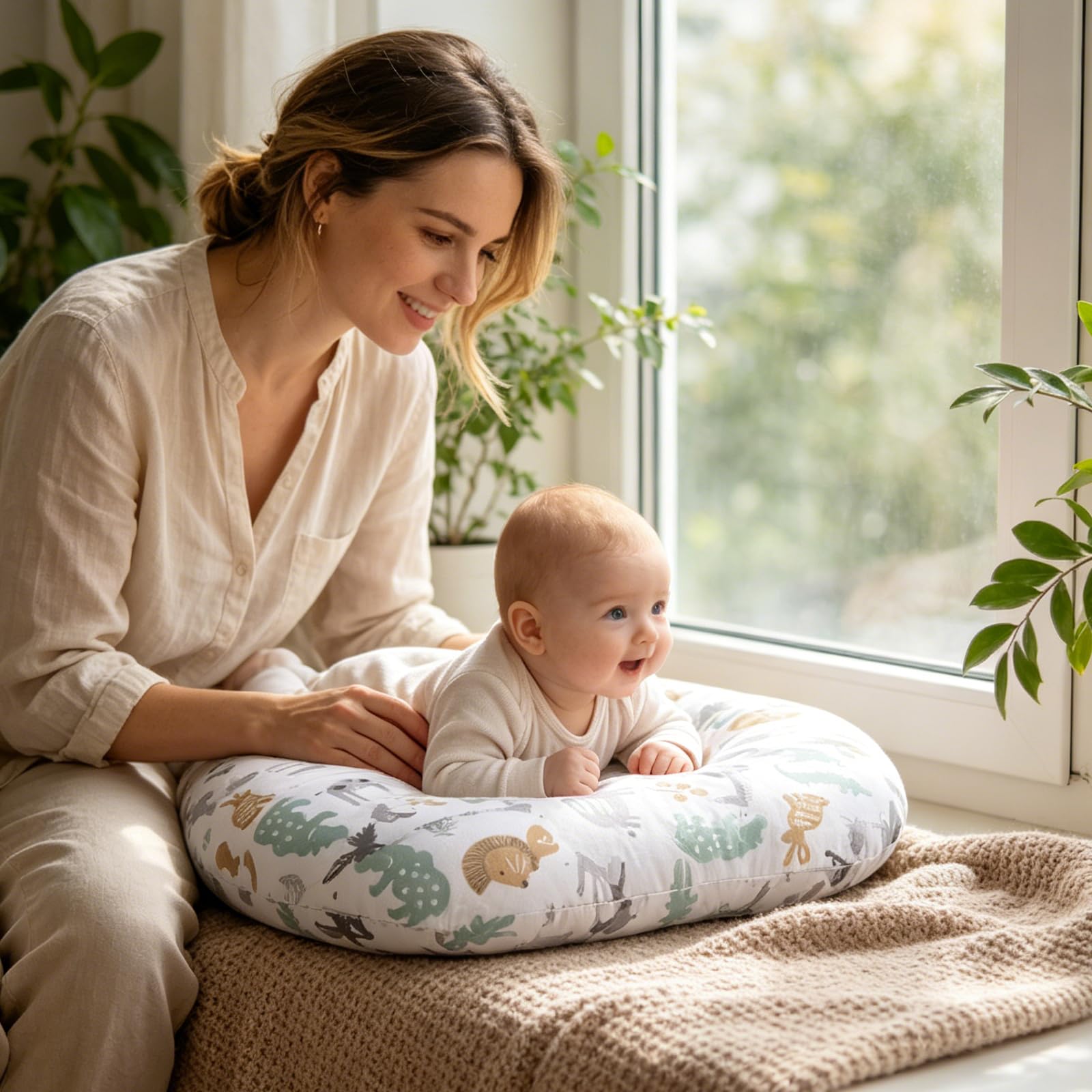 BORDEAG Petit coussin d'allaitement pour nouveau-né, 53 x 40 cm, petit coussin d'allaitement avec housse, coussin d'allaitement pour l'allaitement et le soin de bébé, motif parc animalier