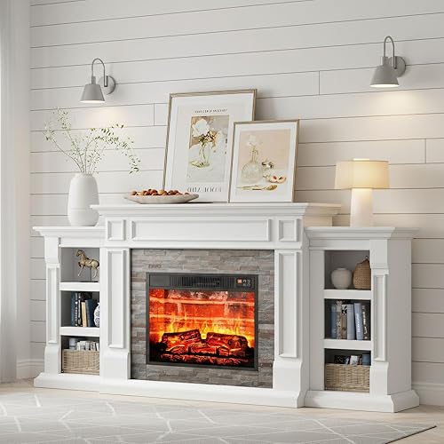Miniatura 2 de LGHM 72" Electric Fireplace with Mantel, Fireplace TV Stand for TVs Up to 80 Inch, Modern Entertainment Center with Storage, Realistic Stacked Stone