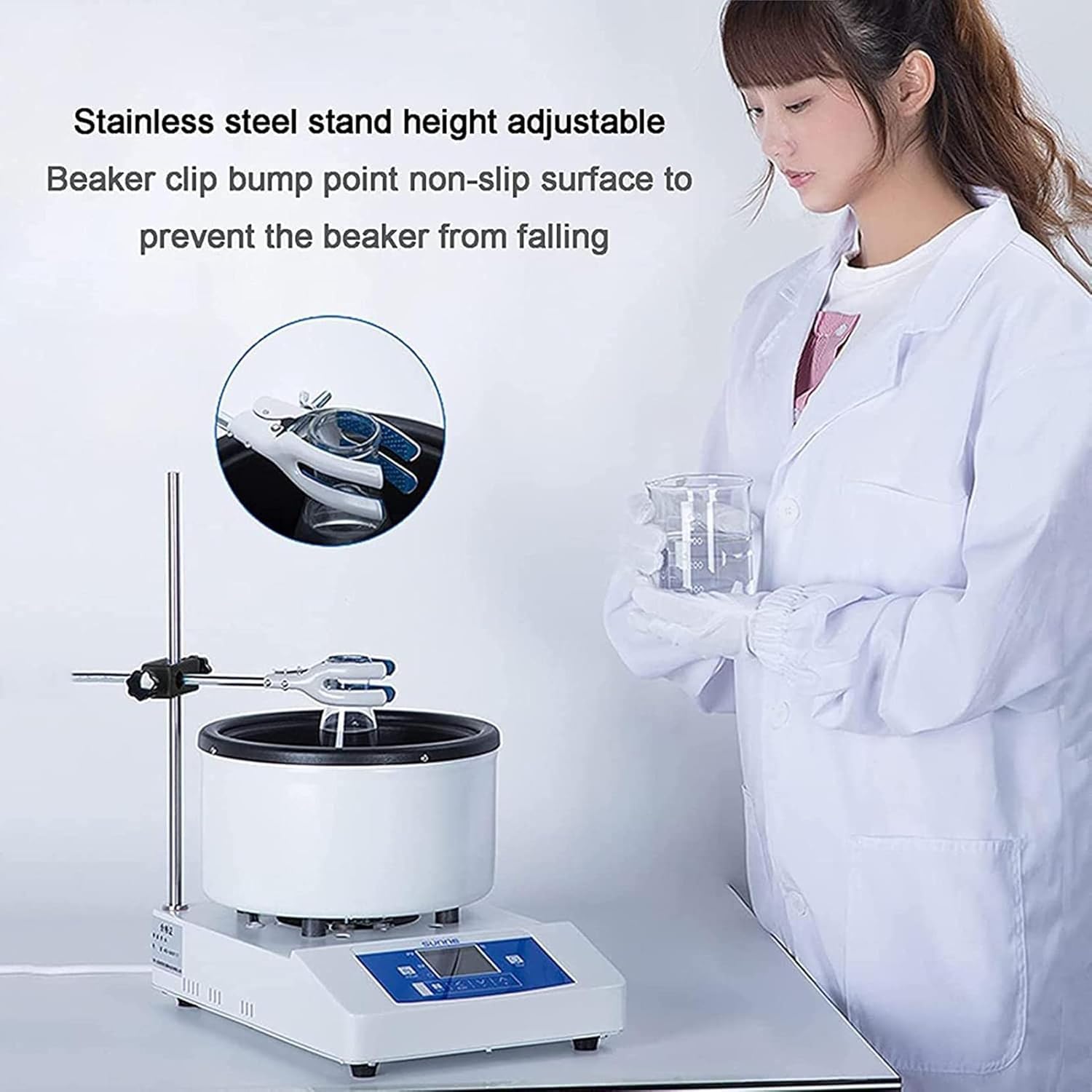 Olla agitadora magnética con soporte ajustable, baño de agua de 100 °C y calefacción de baño de aceite de 250 °C, control de velocidad de 50-2000 rpm, sensores de temperatura internos y externos