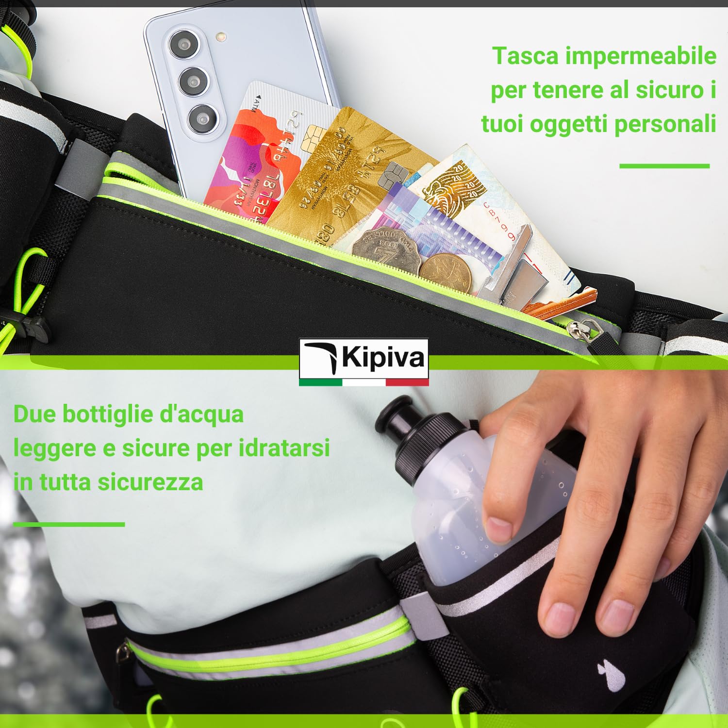 Porta Acqua Running Verde Cintura Trail Running Marsupio con Portaborraccia 175 ml +2 Borracce Incluse